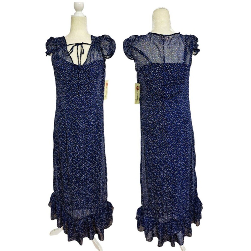 Olsenboye Women's Blue Boho Cap Sleeve Floral Maxi Dress Y2K Sz Large